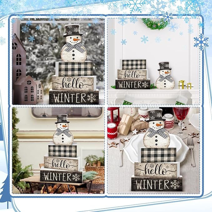 Moucuny 4 Pcs Snowman Christmas Decor Winter Table Decorations Christmas Tiered Tray Decor Winter Centerpiece Decorations Indoor Rustic Wooden Snowman Block Sign Gift Farmhouse for Home Kitchen Shelf - Image 4