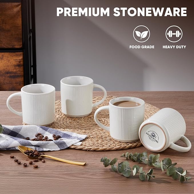 E-far Coffee Mugs Set of 4, 12 oz Stoneware Coffee Cups with Handle for Latte, Tea, Cocoa, Milk, Modern Ribbed Ceramic Mugs for Man Woman, Microwave & Dishwasher Safe, Speckled White - Image 3