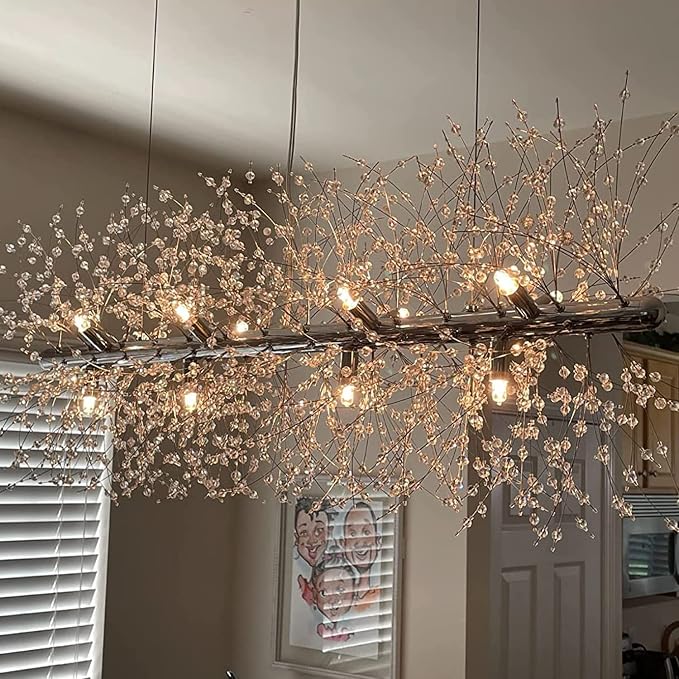 Modern Chrome Crystal Firework Chandelier Linear Lighting Fixtures | 35.5" Sputnik Ceiling Light Fixture Rectangular Hanging Pendant Light for Kitchen Island Dining Room Living Room 12-Lights - Image 8