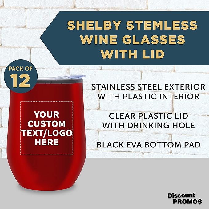 Custom Stemless Wine Tumblers 12 oz. Set of 12, Personalized Bulk Pack - Insulated, Perfect for Wine, Cocktails, Other Hot & Cold Beverages - Red