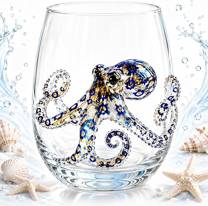 Artisanal Blue Ringed Octopus Glassware, 12oz Artisan Stemless Wine Glass (A1PC) by Unknown