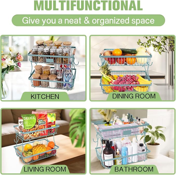 Fruit Basket Bowl 2 Tier Detachable with 2 Banana Hangers, Fruit Stand Holder for Kitchen Countertop, Metal Wire Vegetable Storage Organizer, for Bread Snack Veggies Produce, blue - Image 5