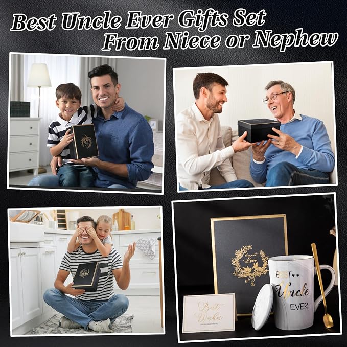 Best Uncle Birthday Gifts from Nephew Niece, Uncles Valentines Gift, Fathers Day Announcement Presents - 14oz Grey Marble Ceramic Gold Print Uncle Mug, with Lid, Spoon, Greeting Card, Nice Gift Boxed - Image 6