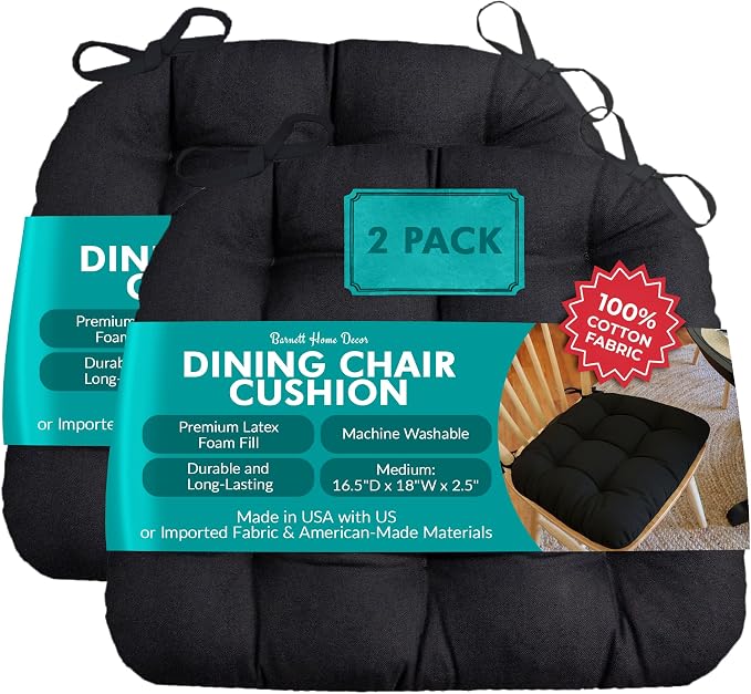 Barnett Home Decor Dining Chair Cushions with Ties, 16.5 x 18 Inches, Pack of 2 – Machine Washable, Made with 100% Cotton and Plush Latex Foam Fill, Made in USA – Cotton Duck Black by BarnettHomeDecor