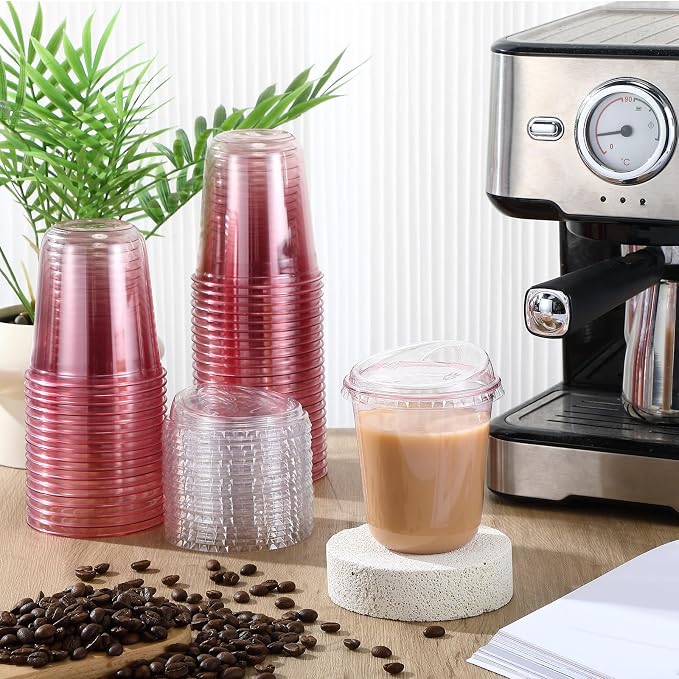 Ziliny 50 Sets Clear Plastic Coffee Cups with Sip Lids, Disposable Plastic PET Crystal Cups for Iced Coffee, Smoothie, Cold Beverage, Drink Shops and Party Catering (Clear Pink,14 oz) - Image 2