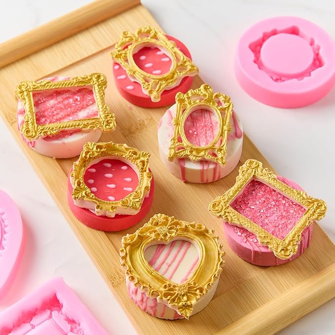 4 Pcs Photo Frame Silicone Molds, Baroque Style Picture Photo Frames Fondant Molds for Cupcake Topper, Chocolate, Candy, Donut Cake Puck Decoration and Clay Craft Making