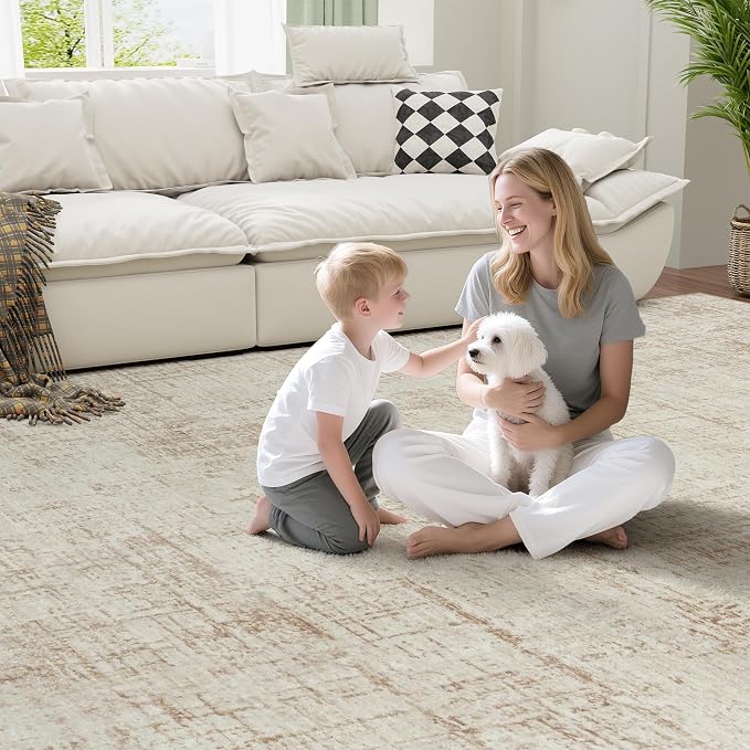 10x12 Area Rug for Living Room Bedroom: Non-Slip Modern Beige White | Machine Washable TPR Backing, Stain-Resistant Low Pile, Pet & Kid Friendly, Abstract Decor for Dining Room, Dorm, Home Office - Image 6