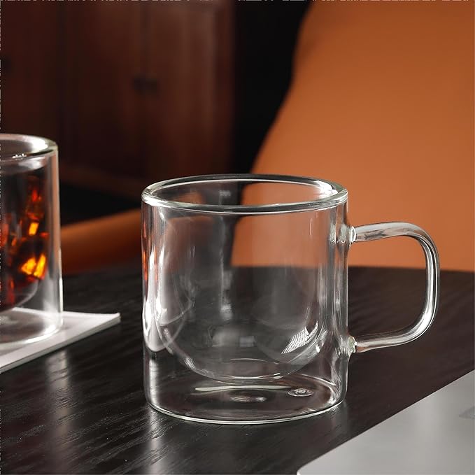 NIRA.Z 12 OZ Double Walled Glass Coffee Mugs Set of 4 Clear Coffee Cups with Handle 355ml Hand-Blown Insulated Glass Tea Cups for Hot & Cold Beverages, Cappuccino, Latte, Tea Bags, Espresso, Americano