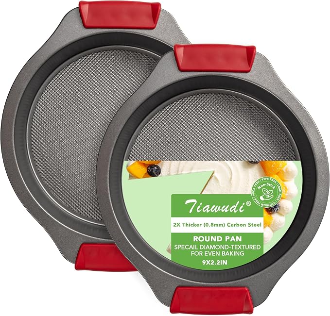 Tiawudi 9" Round Cake Pan Set of 2, 0.8mm Thick Heavy Duty Bakeware for Tiered & Layered Cakes, Nonstick Baking Pan with Diamond Texture for Even Heating, Cake Mold with Silicone Grip Handles by Tiawudi