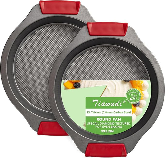Tiawudi 9" Round Cake Pan Set of 2, 0.8mm Thick Heavy Duty Bakeware for Tiered & Layered Cakes, Nonstick Baking Pan with Diamond Texture for Even Heating, Cake Mold with Silicone Grip Handles by Tiawudi