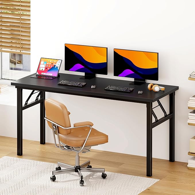 DlandHome 62 Inch Large Folding Computer Desk, Fully Assembled, Black | Foldable Writing Table for Bedroom Dorm, Conference Table for Home Office, Wood Top Metal Frame, Collapsible Easy Storage - Image 2