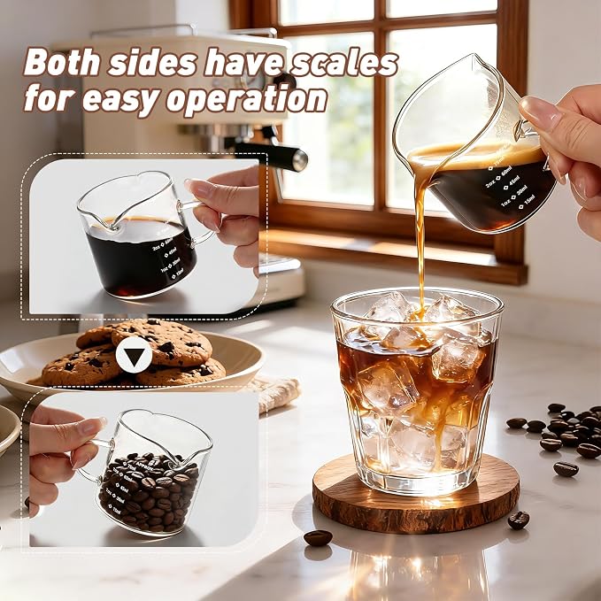 Espresso Cups Set of 2: Espresso Machine Accessories - Dual Scale Glass Measuring Cup and Espresso Shot Cups - Essential Coffee Bar Accessories - 4oz Glass Espresso Cup Set with Handled and Spout - Image 4