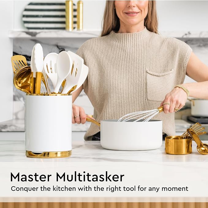 Gold Kitchen Utensils Set - 19-Piece Set Includes Stainless Steel Gold Utensils, White Silicone Tools, and Measuring Cups and Spoons - Luxury Kitchen Accessories for Modern Cooking, Serving, & Gifting | Stainless Steel, White Silicone Tools, and Measur... - Image 7