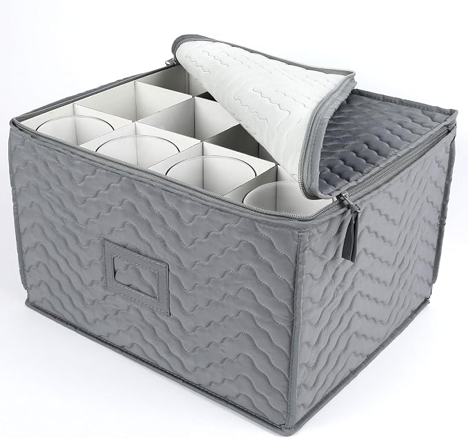 LotFancy Stemware Storage Container - Deluxe Quilted Storage Case with Dividers for 12 - Wine Glasses, Champagne Flutes, Glassware, Drinkware Storage Box Chest, 15.5"x12.5"x 10", Gray - Image 9