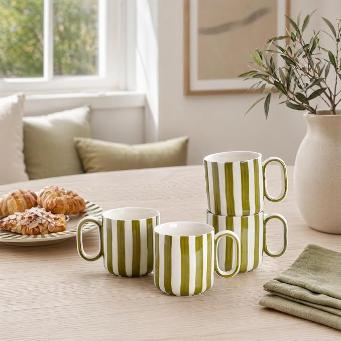 Ceramic Coffee Mugs Set of 4, 8.5 oz Stoneware Coffee Cups with Handle | Small Aesthetic Green Stripe Latte Tea Mug for Latte Tea Hot Chocolate, Microwave and Dishwasher Safe (8.5 oz) - Image 4