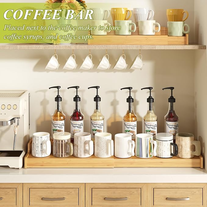 Hongtamoya 2-Tier Expandable Bamboo Mug Holder Coffee Mug Rack Organizer for Countertop, Multi-Functional Mug Display Shelf for Coffee Bar, Kitchen, and Home (15.35"~29.92") - Image 3