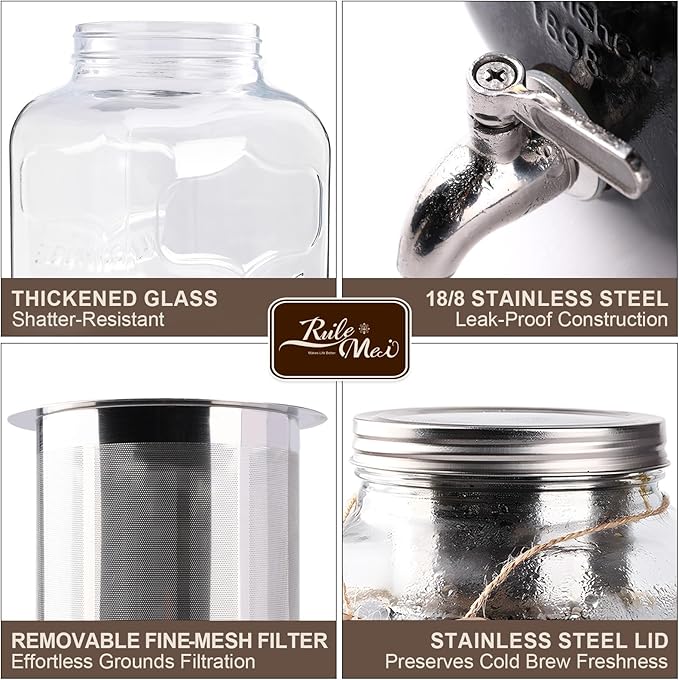 Cold Brew Coffee Maker With Silicone Mat, 1 Gallon Glass Pitcher with Stainless Steel Filter & Spigot - Large Iced Coffee & Tea Maker for Home, Easy to Use & Clean