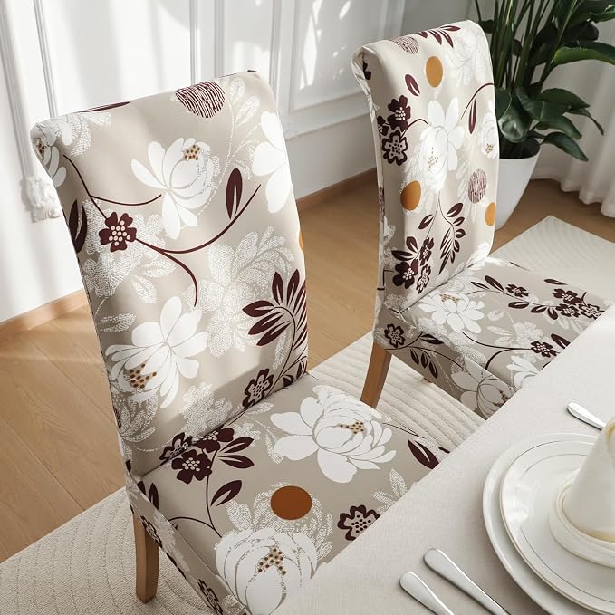 FORCHEER Chair Covers for Dining Chairs Set of 6,Beige Floral Stretch Dining Room Chair Cover Kitchen Parsons Chair Slipcovers (Pack of 6, Beige+Floral) - Image 3