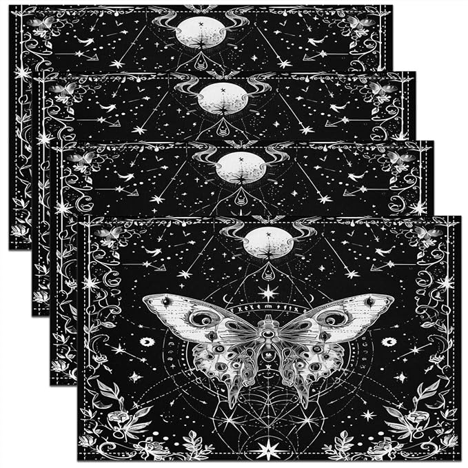 Feelyou Sun Moon Placemats Set of 4 18"x12" Bohemian Moth Placemat for Kitchen Dining Table Decor Indoor Outdoor for Kids Teens Adults Galaxy Astrology Space Table Place Mats, Death Moth by Feelyou