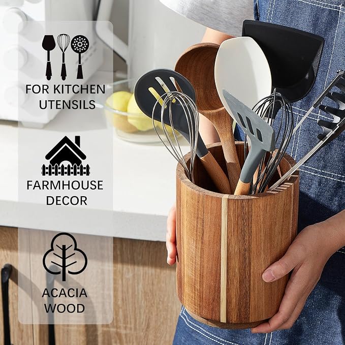 Acacia Wood Utensil Holder, 360° Rotating, Large Countertop Organizer, Farmhouse Kitchen Decor - Image 4