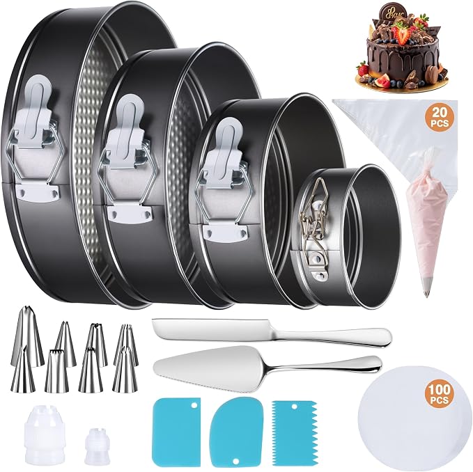 139PCS Springform Cake Pan Set - 4 Non-stick Cheesecake Pans(4/7/9/10-Inch) + Cake Decorating Supplies: Parchment Paper, Pastry Bags and Tips, Icing Scrapers, Cake Cutting Set & More by Gymdin