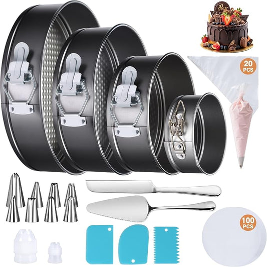 139PCS Springform Cake Pan Set - 4 Non-stick Cheesecake Pans(4/7/9/10-Inch) + Cake Decorating Supplies: Parchment Paper, Pastry Bags and Tips, Icing Scrapers, Cake Cutting Set & More by Gymdin