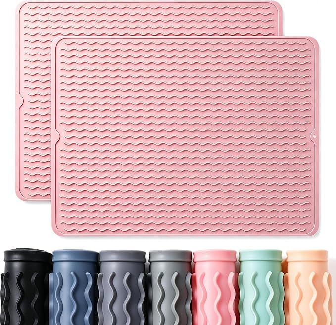 2 Pack Caketime Silicone Dish Drying Mat for Kitchen Counter Cooking Baking Liners Drawer Refrigerator Espresso Machine Station Utensil Holder Washer Trivets Oven Chef Gifts Extra Large 24"x18" Pink by CAKETIME
