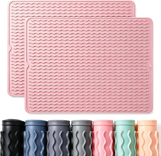 2 Pack Caketime Silicone Dish Drying Mat for Kitchen Counter Cooking Baking Liners Drawer Refrigerator Espresso Machine Station Utensil Holder Washer Trivets Oven Chef Gifts Extra Large 24"x18" Pink by CAKETIME