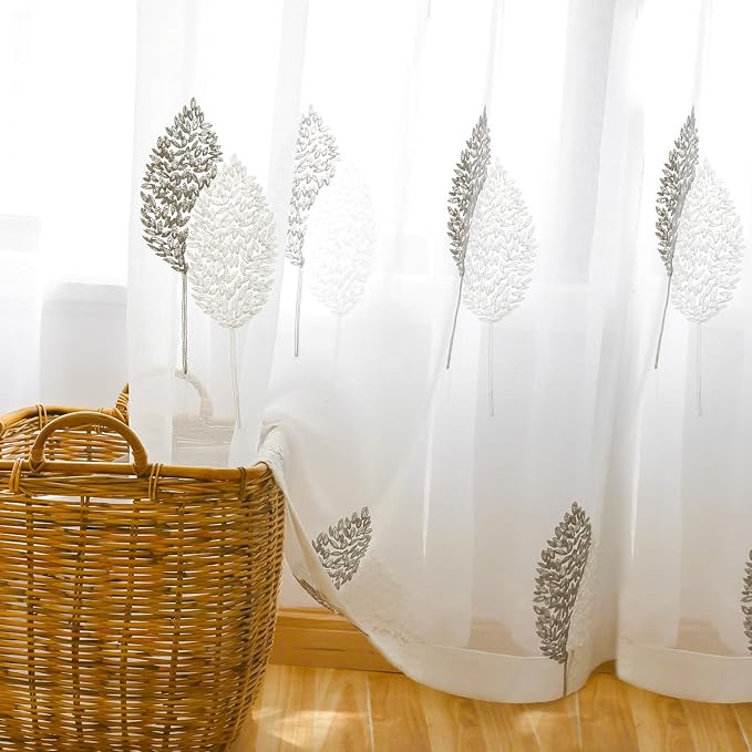 White Sheer Curtains 63 inches Length Leaves Embroidered Window Treatment Curtain Sheer Voile Panels for Kitchen, Liviging Room, Bedroom, Small Windows, 42x63, Set of 2 | Lightweight Fabric Feel, Soft Sunlight Filtering, Rod Pocket Design, for Living R... - Image 3