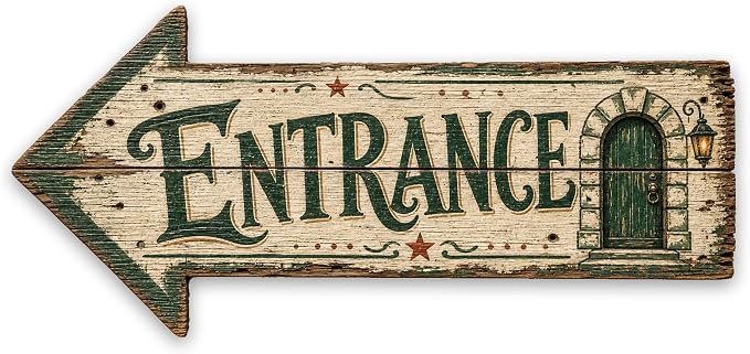 Entrance Left-Pointing Arrow Sign — Die-Cut Metal Directional Wall Decor | barnwood look, rustic, durable print, ready to hang by MRC+Wood+Products