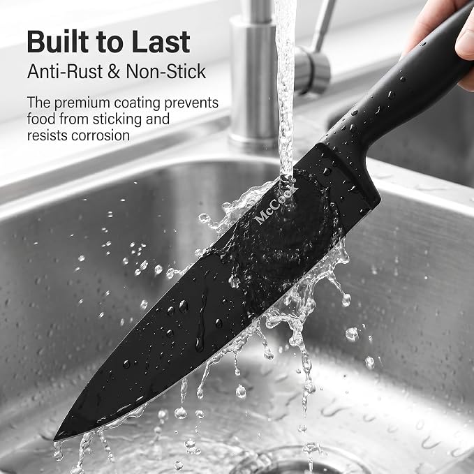 McCook Knife Set Black Kitchen Knife Block Set w Built-in Sharpener | German Forged Stainless Steel,15 PC,Razor Sharp, Anti-Rust,Ergonomic Handle,Full Tang,Dishwasher Safe,Gift Box - Image 5