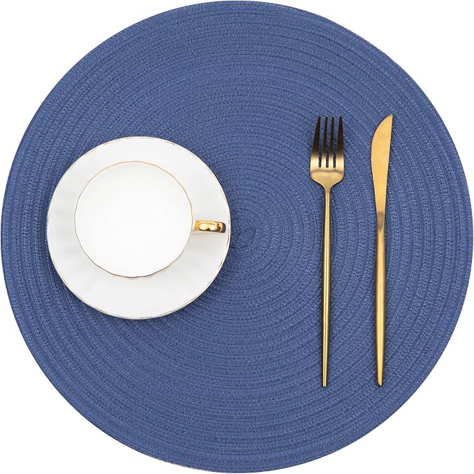 SHACOS Round Placemats Set of 6 Washable 15 inch Round Table Mats Cotton Polyester Woven Braided Place Mats for Dining Table (Sail Blue, 6) - Image 2