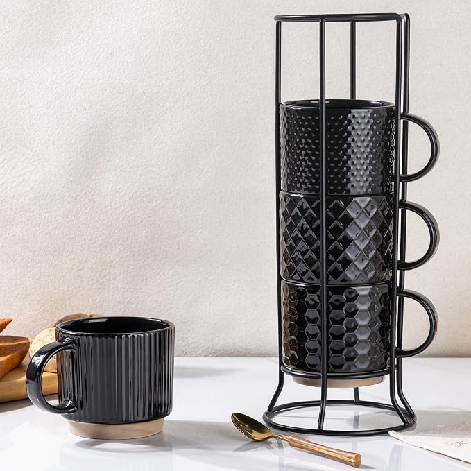 GBhome 12 OZ Stackable Coffee Mugs Set of 4, Ceramic Black Coffee Cups Set | Coffee Mugs With Stand, Dishwasher&Microwave Safe, 4 Assorted Designs by GBhome