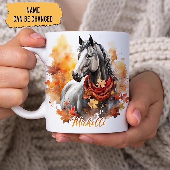 Hyturtle Personalized Fall Horse Maple Leaves Coffee Mug Gifts for Women | Birthday Gifts For Horse Lovers, Fall Autumn Decor Gift For Farmhouse Thanksgiving, Custom Name 11oz White Ceramic Tea Mug - Image 2