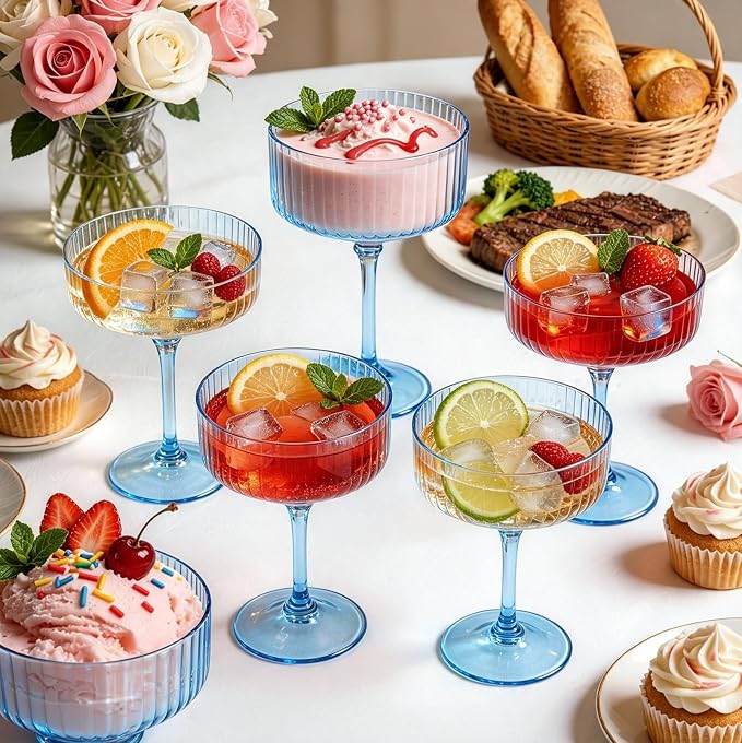 PLULON 12 Pcs Blue Coupe Martini Glasses Cocktail Champagne Cup 10 Oz | Ribbed Plastic Martini Espresso Glasses for Bar Drinking Gifts Wedding Birthday Party, Detachable Margarita Cup Glassware - Image 4