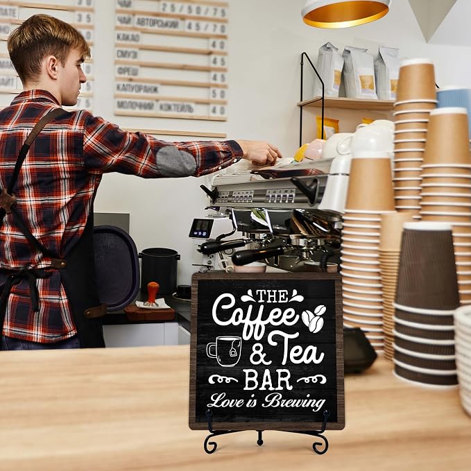Coffee Bar Sign, Love is Brewing Farmhouse Tabletop Decor, Coffee and Tea Lover Gifts, 5x5 Wood Plaque with Iron Stand for Home Kitchen Cafe, Coffee Bar Decor – L05 - Image 6