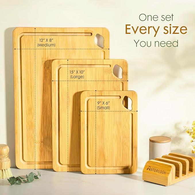 Astercook Nature Bamboo Cutting Boards for Kitchen with Wood Storage Stand, Reversible Charcuterie & Chopping Boards with Juice Grooves and Easy-Grip Handles - Image 8