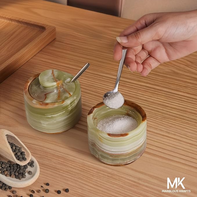 MARBLOUS KRAFTS Marble Salt Cellar with Lid and Spoon 3" Inch Green Stone Salt Dish for Kitchen Countertop Storage, Small Set of 2 Seasoning Containers, Spice Jars, Sugar Bowl - Image 6