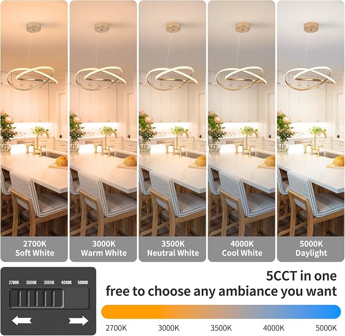 Modern LED Chandelier for Dining Room Pendant Light Fixture 40W,Gold | 5CCT/2700K-5000K,Dimmable,Bedroom,Living Room,Dining Room,Kitchen,Kids Nursery,Home Office - Image 2