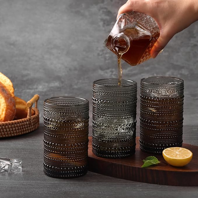 Moretoes 15oz Gray Hobnail Drinking Glasses Set of 6 | Vintage Highball Glass Cups, Kitchen Drinkware Glassware for Beer,Cocktail,Whiskey,Juice and Various Mixed Drinks - Image 5