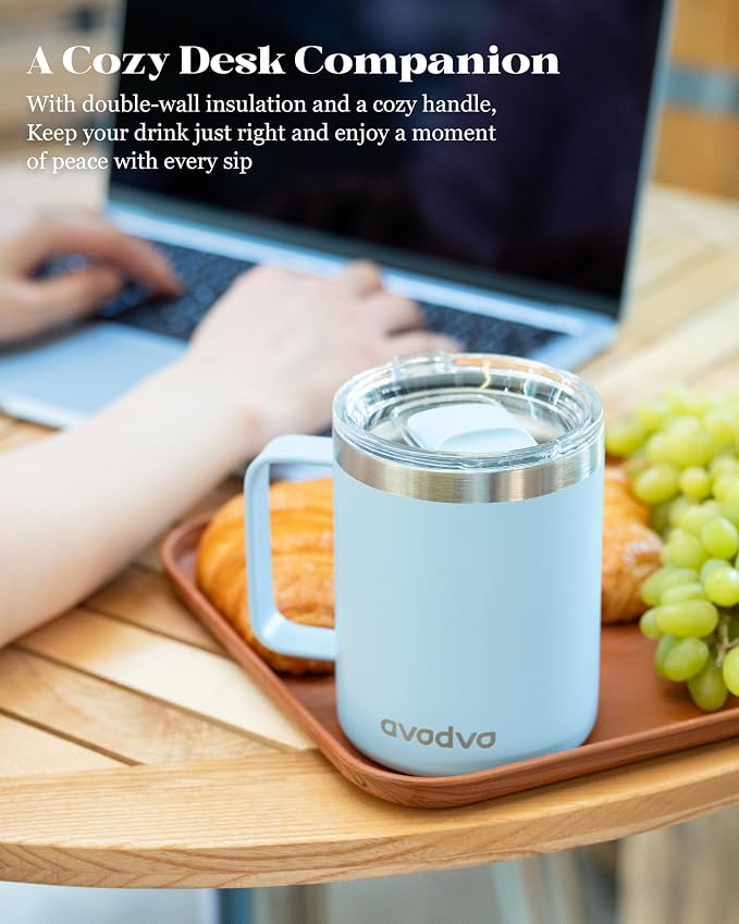 12oz Insulated Coffee Mug with Lid – Includes Two Lids, Stainless Steel Coffee Travel Mug with Handle, Double Wall Vacuum Insulated Camping Mug for Home, Office & Outdoor, Light Blue - Image 5