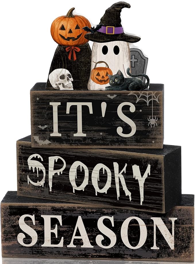 Moucuny 4 Pcs Halloween Table Decoration Pumpkin Ghost Wooden Stacked Block Decor, "It's Spooky Season" Centerpiece Signs, Rustic Gothic Halloween Tiered Tray Decoration for Home Office Kitchen Shelf by Moucuny