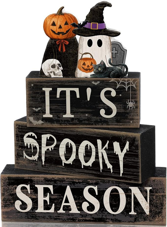 Moucuny 4 Pcs Halloween Table Decoration Pumpkin Ghost Wooden Stacked Block Decor, "It's Spooky Season" Centerpiece Signs, Rustic Gothic Halloween Tiered Tray Decoration for Home Office Kitchen Shelf by Moucuny