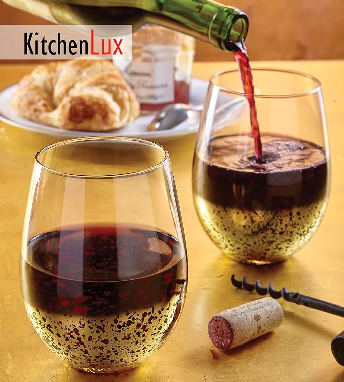 Kitchen Lux 18 oz Gold Rimmed Stemless Wine Glasses for Parties – Set of 6 Gold Wine Glass Cocktail Tumblers – Large Crystal Clear Wine Cups - Deluxe Glassware Gift for Christmas - Dishwasher Safe - Image 6