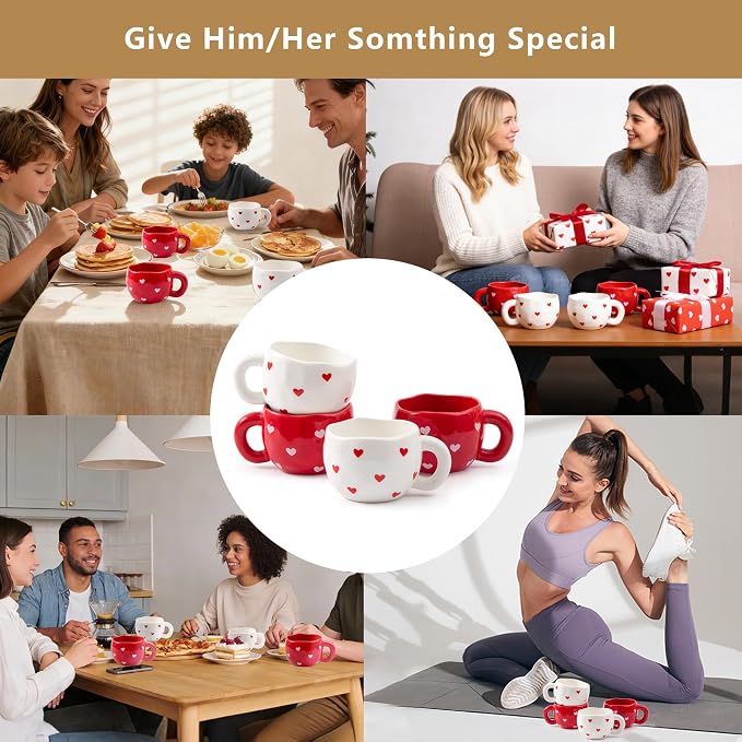 4pcs Ceramic Hearts Mugs Set, 9.4OZ Cute Love Coffee Cup Set, Red and White Color, Dishwasher Safe Espresso Cups, Gift for Women (Heart) - Image 9