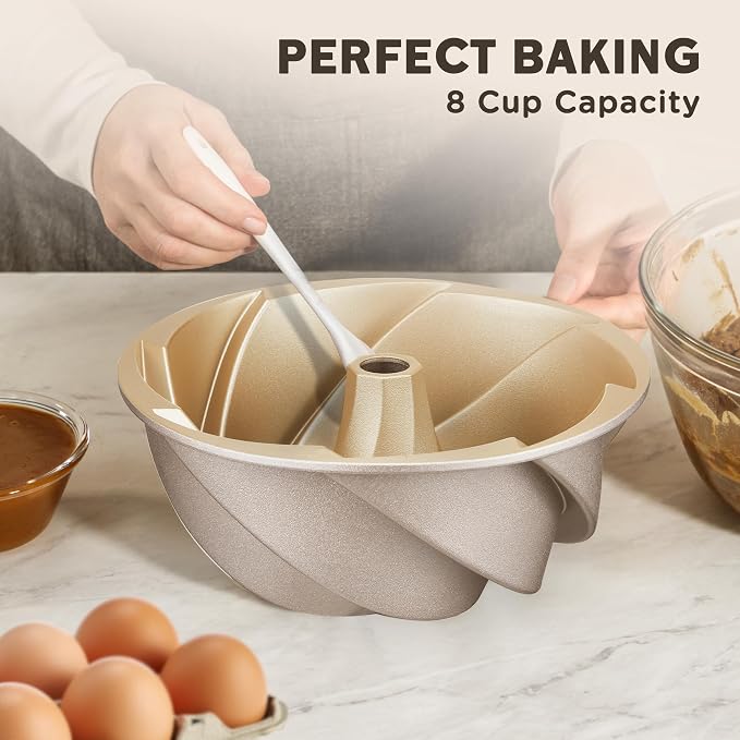 KITESSENSU Non-Stick Cake Pan, 9.5-Inch Aluminum Cake Mold, 8 Cup Fluted Heavy Duty Tube Pan, Durable Rust & Scratch-Resistant, Baking Mold for Jello, Gelatin, Chocoflan, Flan, Marissa, Gold - Image 6