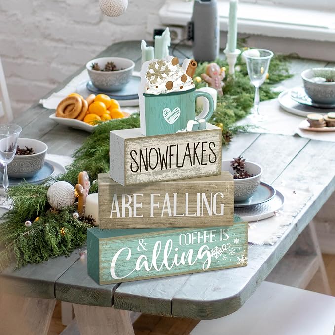 Moucuny 4 Pcs Winter Table Decor Wooden Milk Cocoa Decoration Winter Tiered Tray Centerpiece Decorative Blue Hot Cocoa Block Signs Gift Farmhouse Decoration for Home Kitchen - Image 5