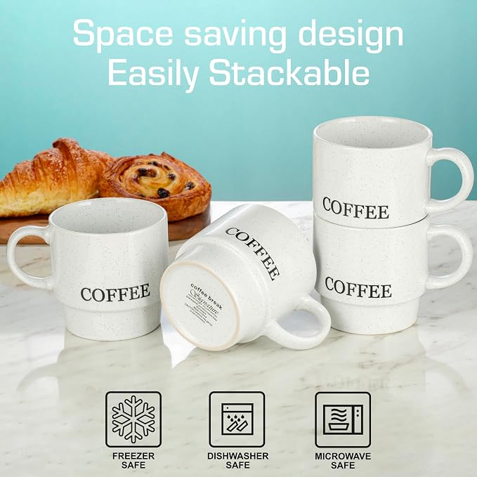 Signature Housewares Stackable Coffee Mug Tower Set with Metal Wire Rack - 15 Ounce Coffee Mugs for Coffee, Tea, Cocoa, Milk, Cappuccino, Hot Chocolate Set of 4 - White Coffee - Image 6