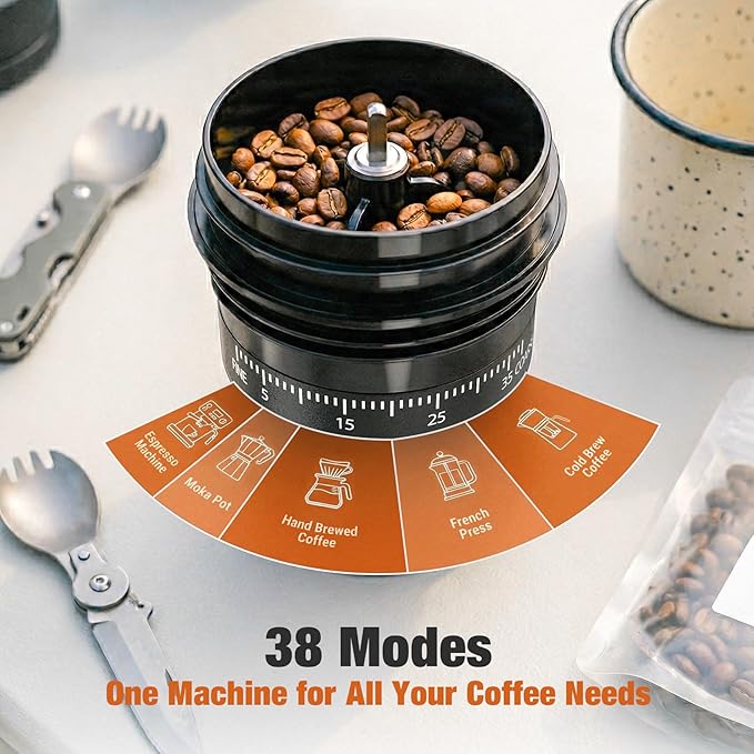 2-in-1 Portable Electric Burr Coffee Grinder - Grind & Brew, 38 Adjustable Settings, Ceramic Alloy Burrs, Rechargeable, with Cups, Filter & Lid for Home, Travel & Camping - Image 6