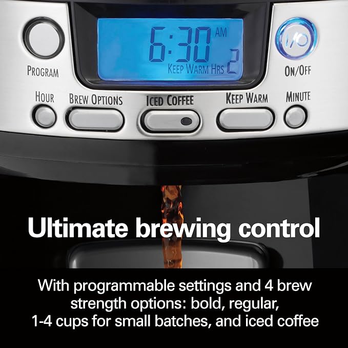 Hamilton Beach One Press Programmable Dispensing 12 Cup Coffee Maker with Internal Coffee Pot, Stays Warm and Fresh for Hours, 60 oz. Removable Reservoir, Black & Stainless Steel (47950) - Image 7